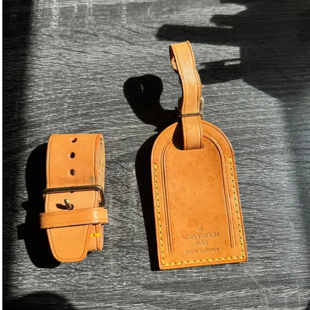 Authentic‎ Louis Vuitton Vachetta Leather Name Luggage Tag And Poignet Set SN222